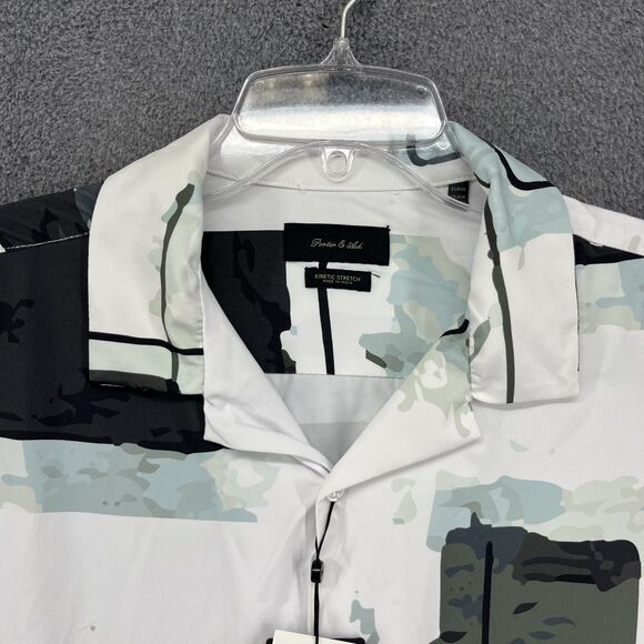 Porter & Ash Kinetic Stretch Shirt Mens Medium Short Sleeve Abstract White Green - Picture 3 of 16